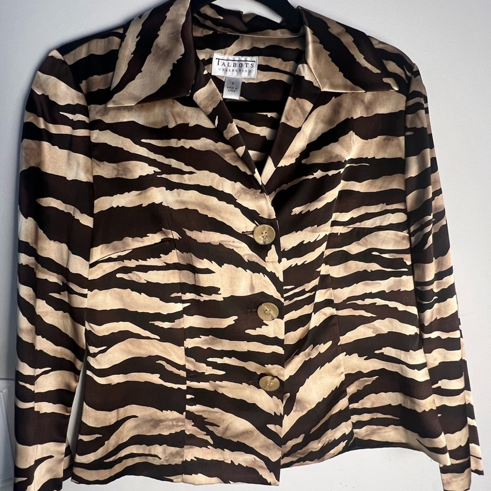 Talbots Brown and Cream Blazer with Animal Print Silk Cotton Blend Career Modern
